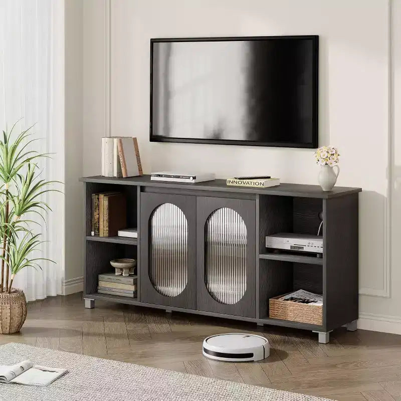 Mobile TV da 63" con ante in rattan e piedini in ferro, marrone, 6 scomparti, adatto per TV fino a 65"