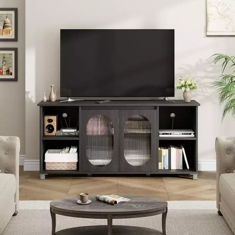 Mobile TV da 63" con ante in rattan e piedini in ferro, marrone, 6 scomparti, adatto per TV fino a 65"