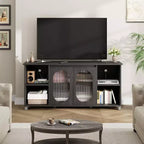 Mobile TV da 63" con ante in rattan e piedini in ferro, marrone, 6 scomparti, adatto per TV fino a 65"