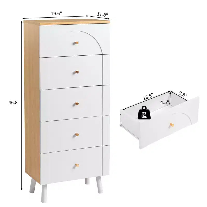 Cassettiera a 5 cassetti bianca in stile ad arco