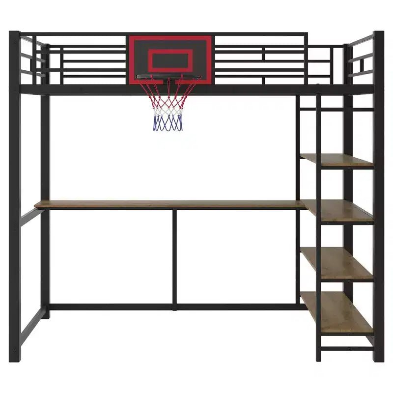 Letto a soppalco singolo in metallo nero con scrivania, mensole e canestro da basket, 1 persona