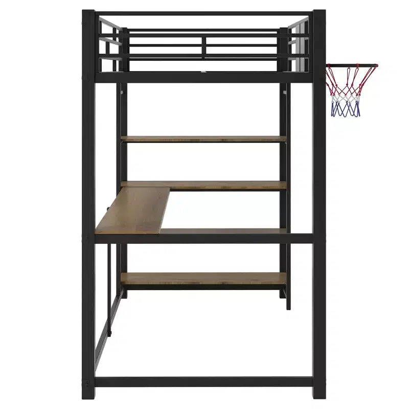 Letto a soppalco singolo in metallo nero con scrivania, mensole e canestro da basket, 1 persona