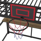 Letto a soppalco singolo in metallo nero con scrivania, mensole e canestro da basket, 1 persona