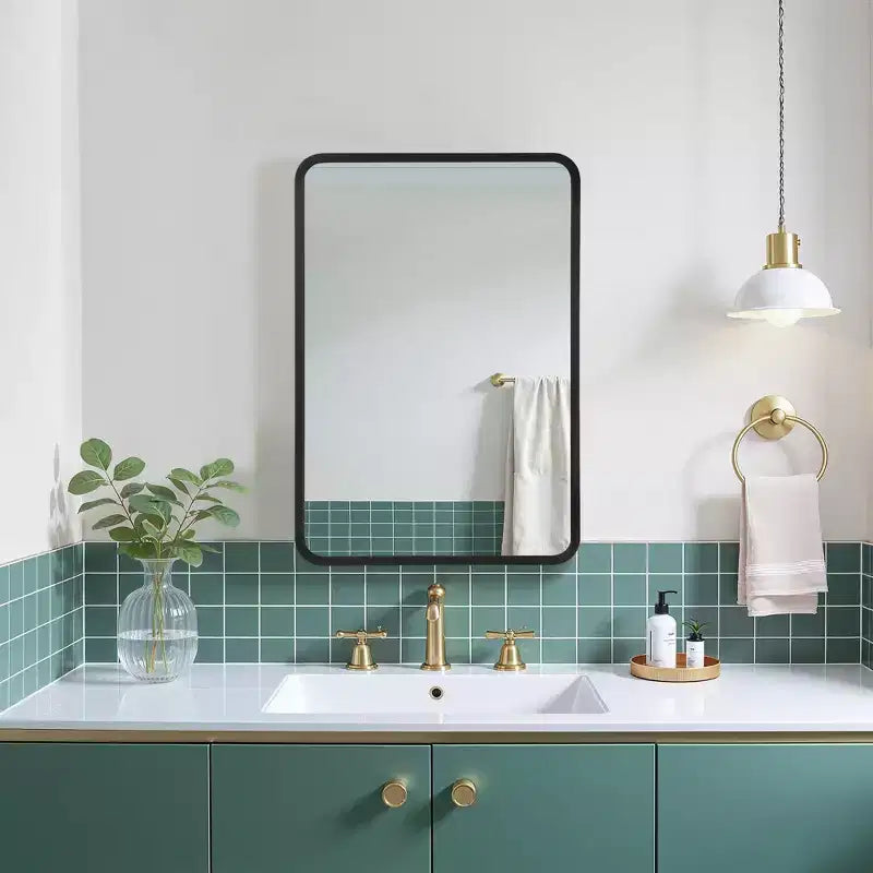 Mobiletto a specchio da parete con cornice in metallo nero e contenitore, anta singola, 71 x 51 cm