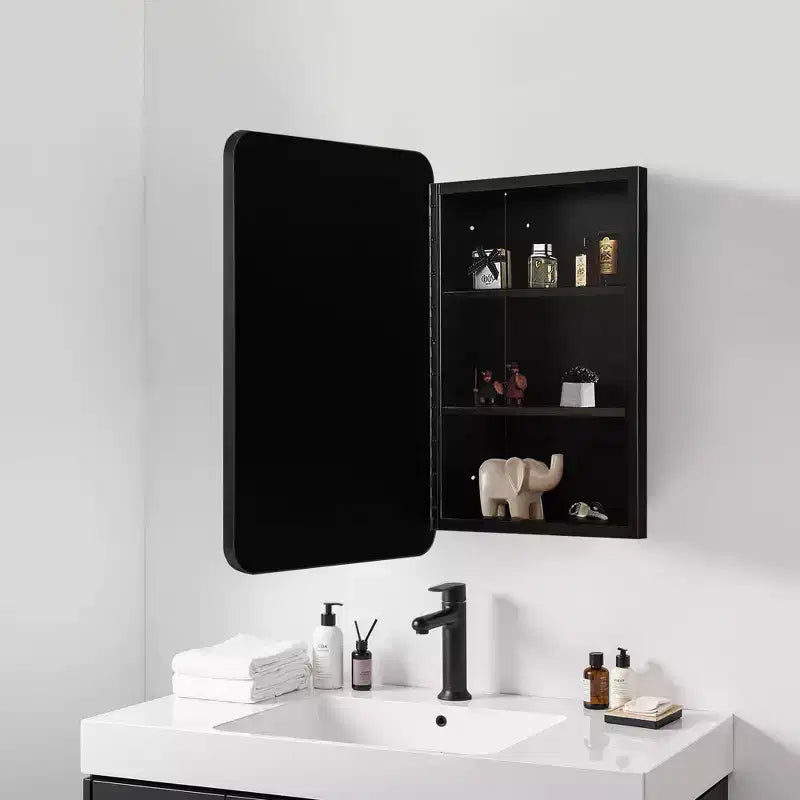 Mobiletto a specchio da parete con cornice in metallo nero e contenitore, anta singola, 71 x 51 cm