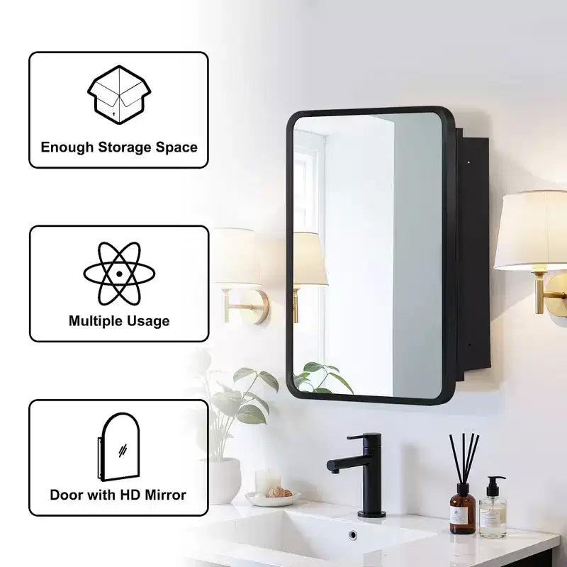 Mobiletto a specchio da parete con cornice in metallo nero e contenitore, anta singola, 71 x 51 cm