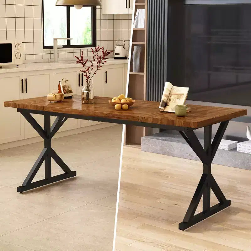Tavolo da pranzo rettangolare in rovere/noce con base a cavalletto in metallo, 6 posti