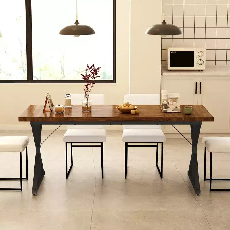 Tavolo da pranzo rettangolare in rovere/noce con base a cavalletto in metallo, 6 posti