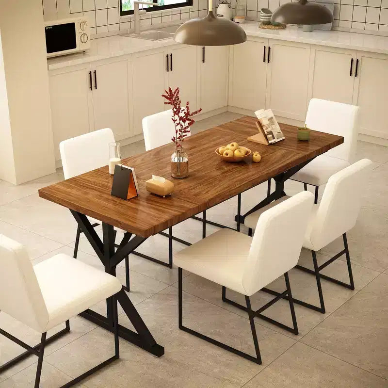 Tavolo da pranzo rettangolare in rovere/noce con base a cavalletto in metallo, 6 posti