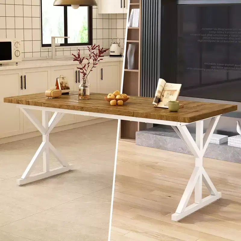Tavolo da pranzo rettangolare in rovere/noce con base a cavalletto in metallo, 6 posti