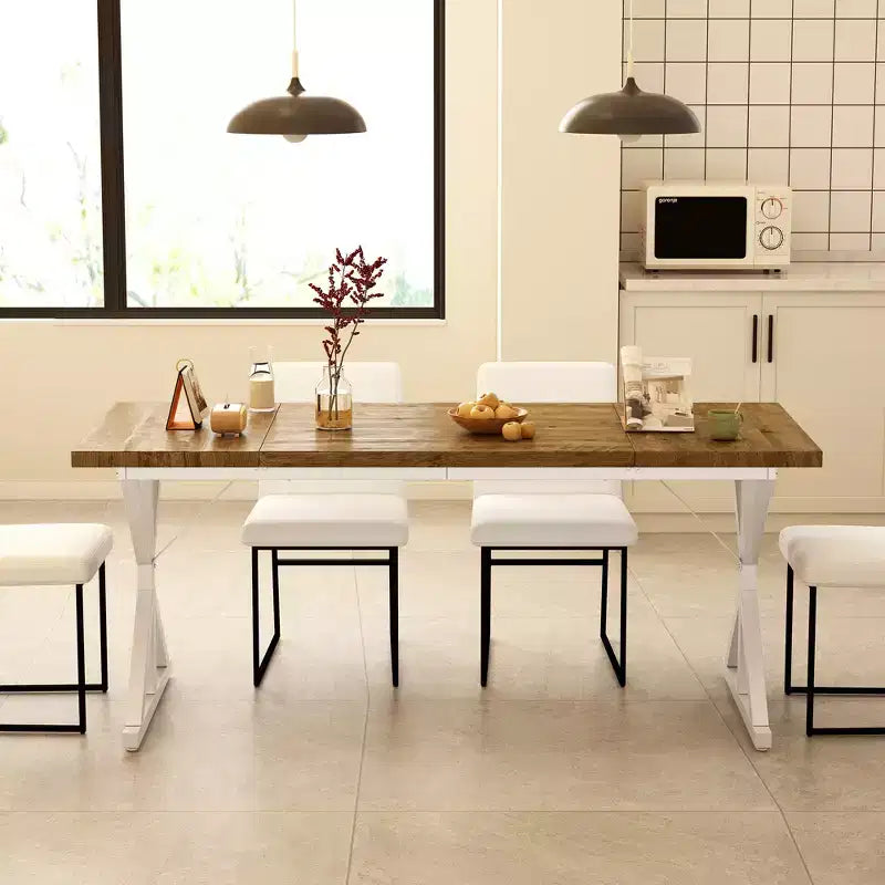 Tavolo da pranzo rettangolare in rovere/noce con base a cavalletto in metallo, 6 posti
