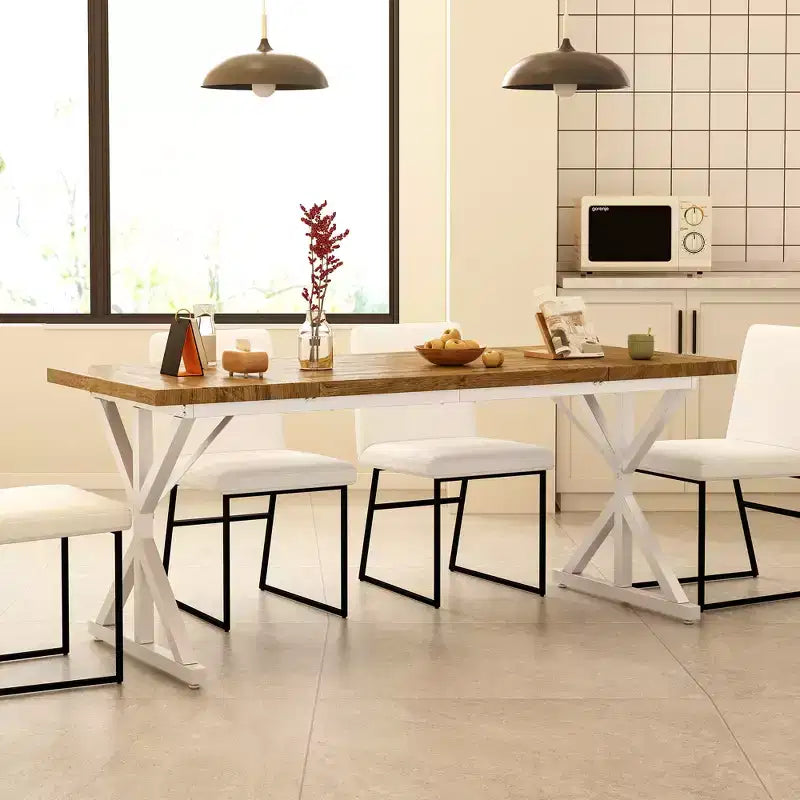 Tavolo da pranzo rettangolare in rovere/noce con base a cavalletto in metallo, 6 posti