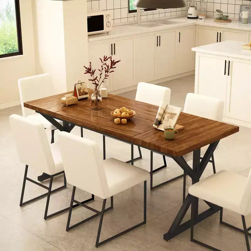 Tavolo da pranzo rettangolare in rovere/noce con base a cavalletto in metallo, 6 posti