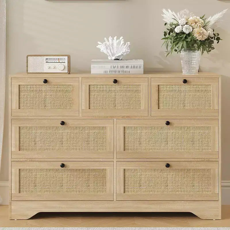 Cassettiera a 7 cassetti in rovere e rattan, stile rustico, 1 utente