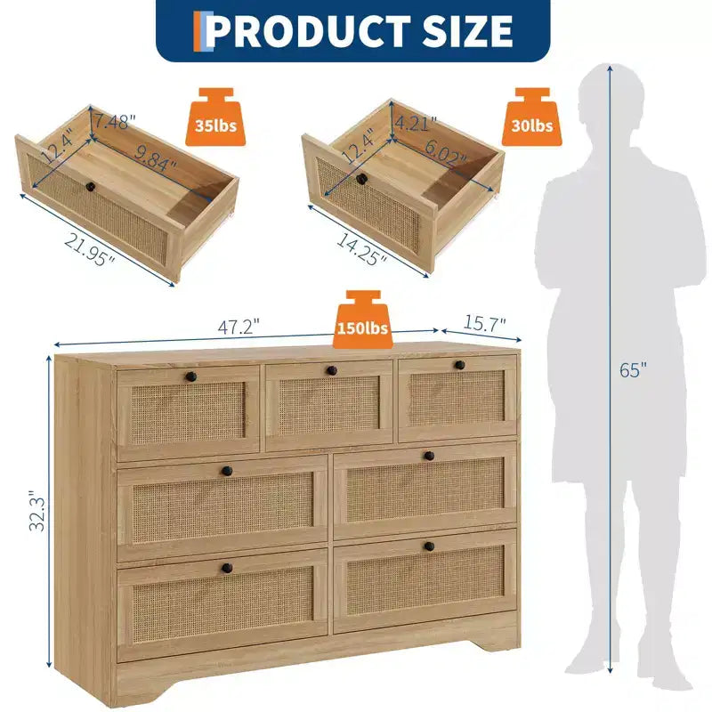 Cassettiera a 7 cassetti in rovere e rattan, stile rustico, 1 utente