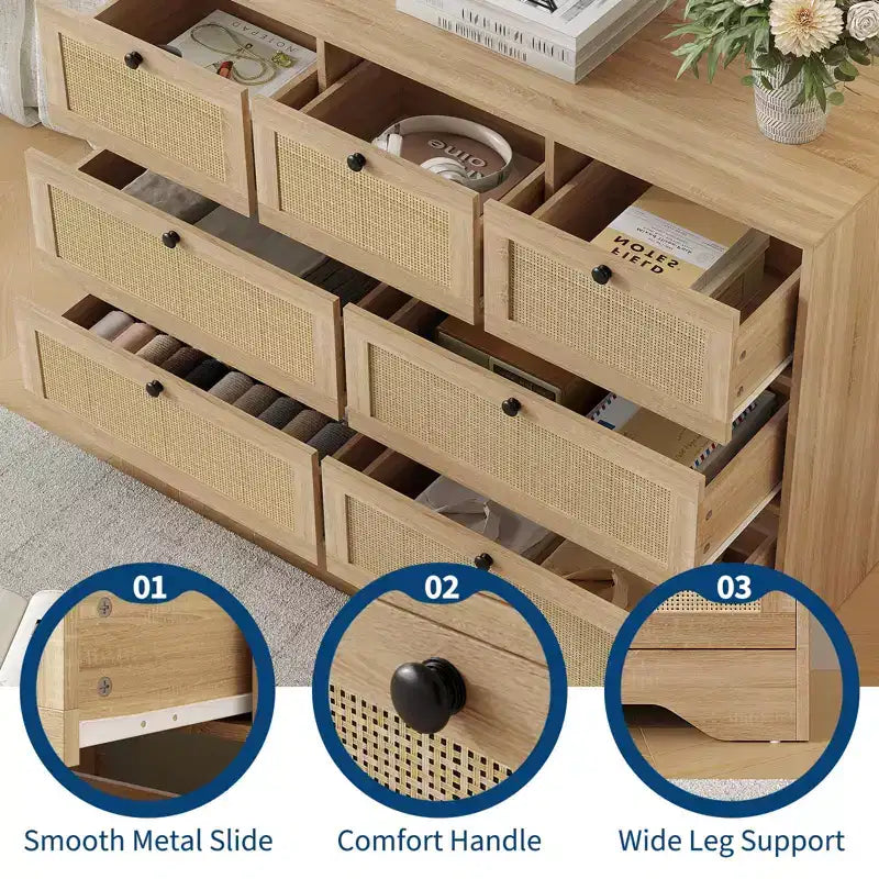 Cassettiera a 7 cassetti in rovere e rattan, stile rustico, 1 utente
