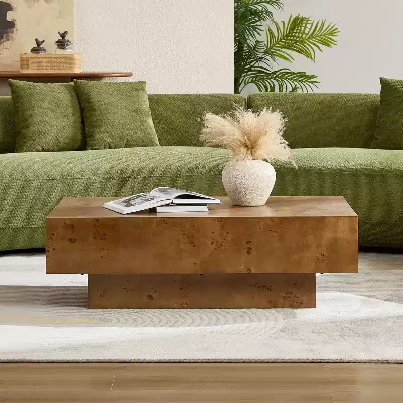Tavolino da Caffè Rettangolare con Base a Piedistallo Naturale/Noce, Stile Moderno di Metà Secolo, 1 Pezzo