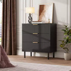 Black Fluted 3 Drawers Dresser, Wide Wood Chest of Drawers, Modern Storage Dresser Chest of Drawers Organizer with Metal Legs and Anti-Tipping Device