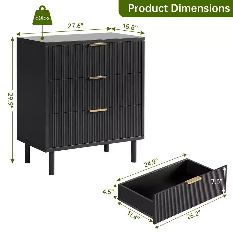 Cassettiera a 3 cassetti scanalata nera con gambe in metallo, stile moderno, utente singolo