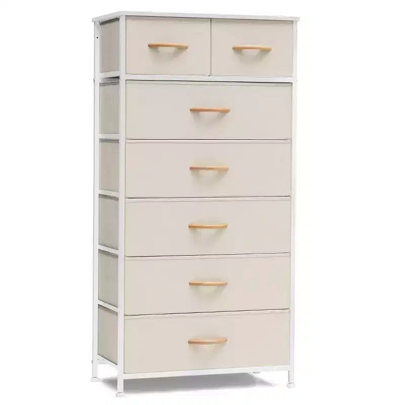Comò verticale in tessuto a 7 cassetti beige/nero/marrone/grigio/bianco, torre portaoggetti, 1 utente