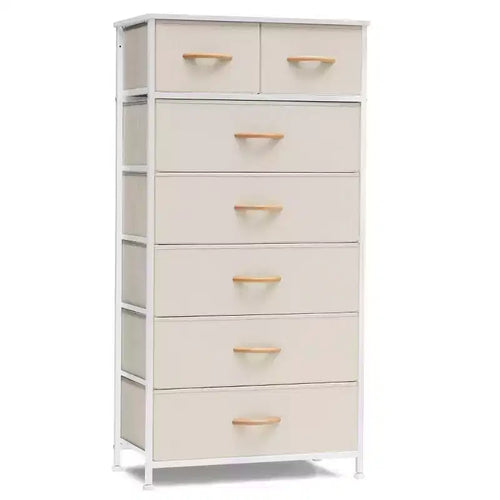 Comò verticale in tessuto a 7 cassetti beige/nero/marrone/grigio/bianco, torre portaoggetti, 1 utente