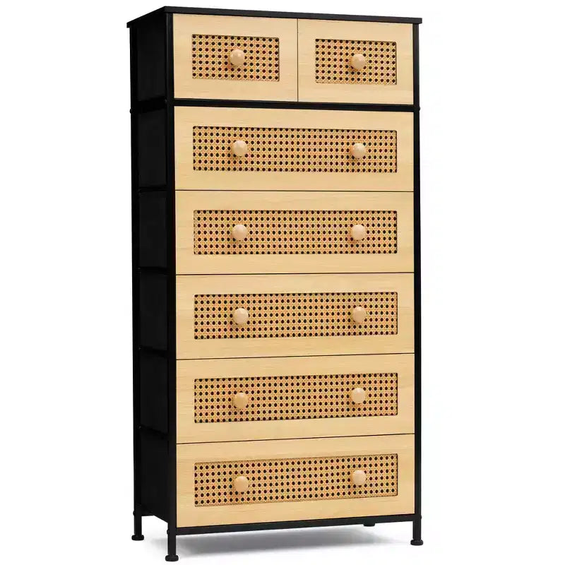 Comò verticale in tessuto a 7 cassetti beige/nero/marrone/grigio/bianco, torre portaoggetti, 1 utente