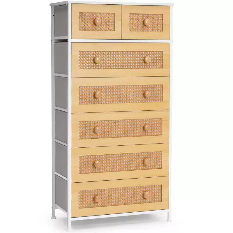 Comò verticale in tessuto a 7 cassetti beige/nero/marrone/grigio/bianco, torre portaoggetti, 1 utente