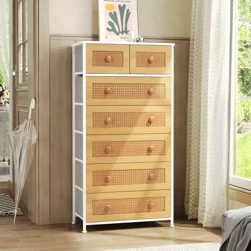 Comò verticale in tessuto a 7 cassetti beige/nero/marrone/grigio/bianco, torre portaoggetti, 1 utente