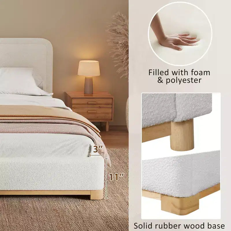 Letto a piattaforma imbottito in bouclé bianco con testiera curva, per 1-2 persone
