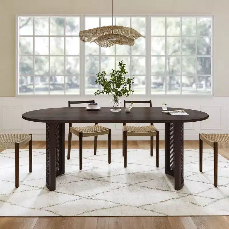 Tavolo da Pranzo Ovale 170 cm con Base in Rattan, Nero / Marrone / Trasparente, 6 Posti