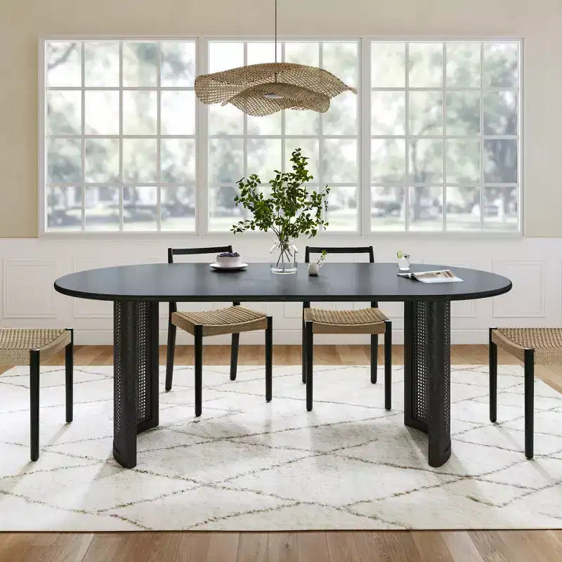 Tavolo da Pranzo Ovale 170 cm con Base in Rattan, Nero / Marrone / Trasparente, 6 Posti