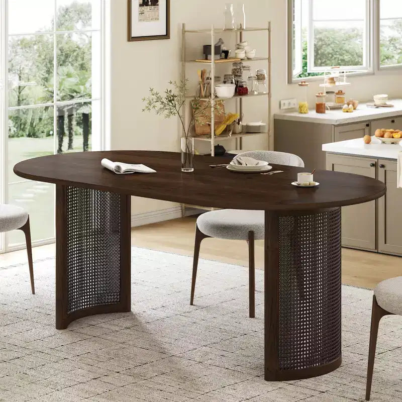Tavolo da Pranzo Ovale 170 cm con Base in Rattan, Nero / Marrone / Trasparente, 6 Posti