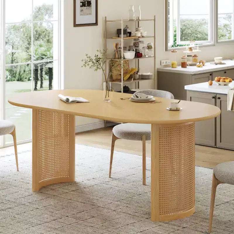 Tavolo da Pranzo Ovale 170 cm con Base in Rattan, Nero / Marrone / Trasparente, 6 Posti