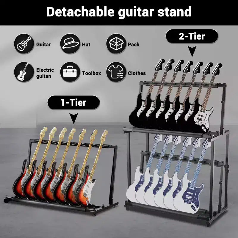 Supporto per chitarra a 2 livelli nero, capacità fino a 14 chitarre