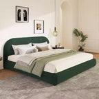 Letto imbottito con testiera curva in bouclé color crema / velluto verde, Queen/King, 2 persone