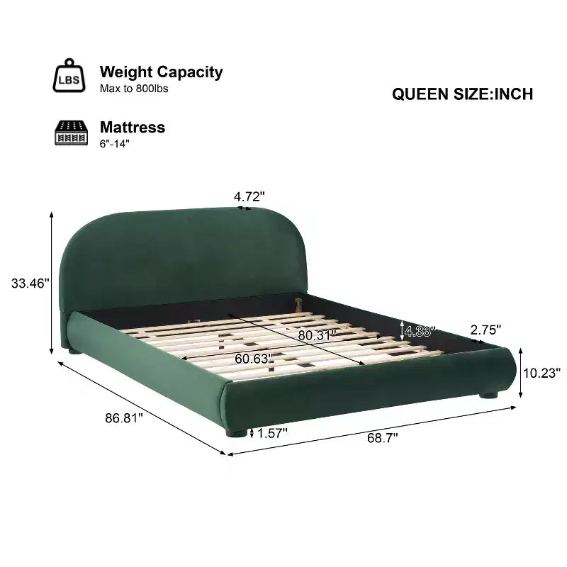 Letto imbottito con testiera curva in bouclé color crema / velluto verde, Queen/King, 2 persone