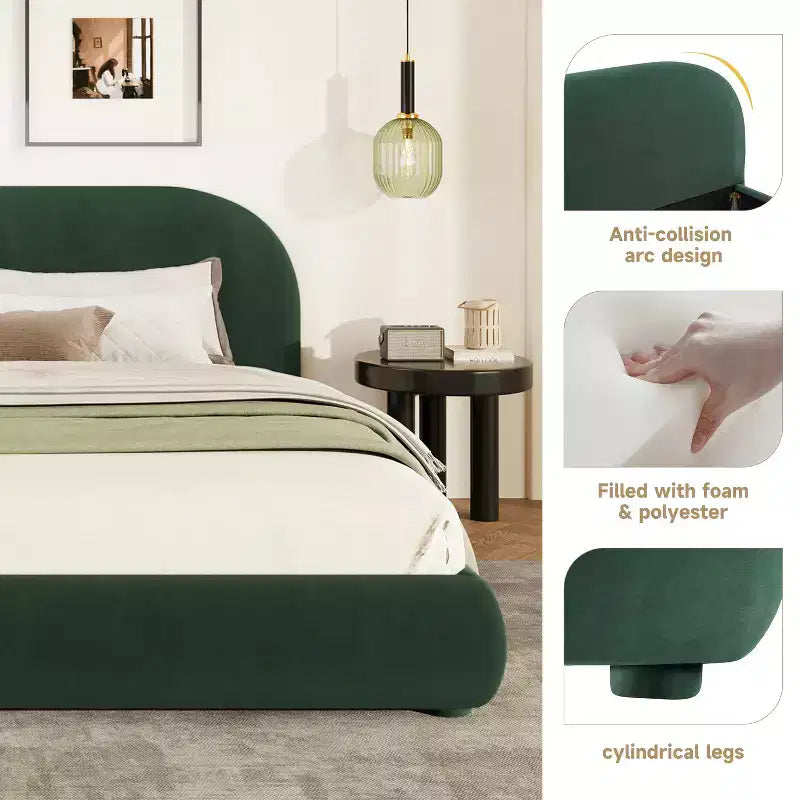 Letto imbottito con testiera curva in bouclé color crema / velluto verde, Queen/King, 2 persone
