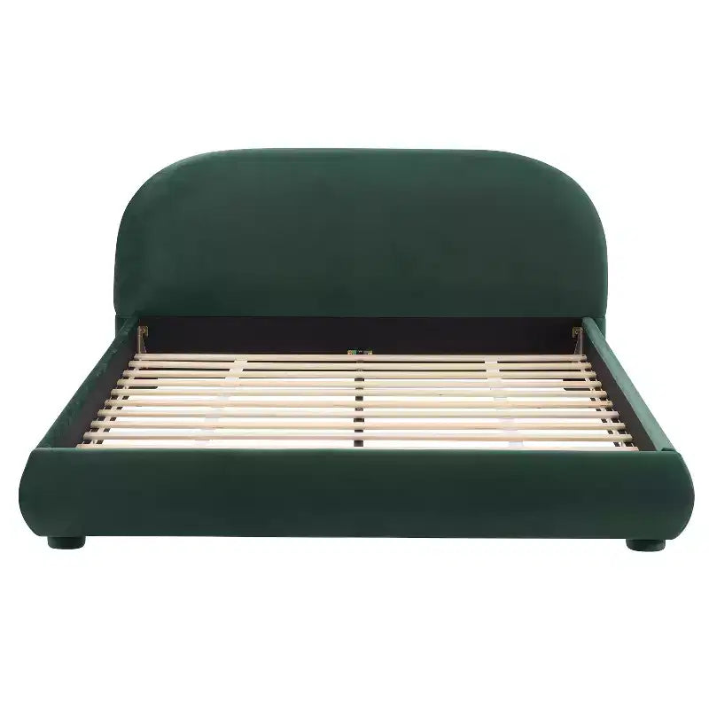 Letto imbottito con testiera curva in bouclé color crema / velluto verde, Queen/King, 2 persone