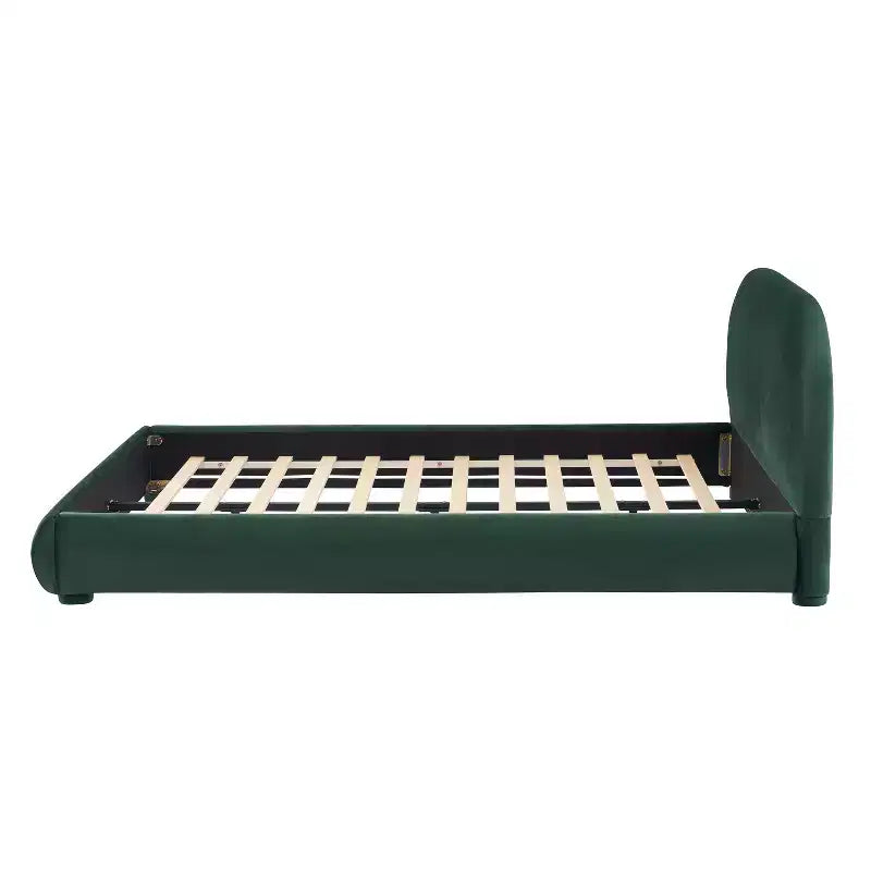 Letto imbottito con testiera curva in bouclé color crema / velluto verde, Queen/King, 2 persone