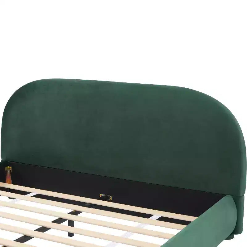 Letto imbottito con testiera curva in bouclé color crema / velluto verde, Queen/King, 2 persone