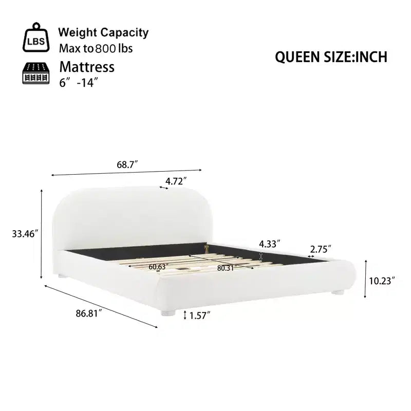 Letto imbottito con testiera curva in bouclé color crema / velluto verde, Queen/King, 2 persone