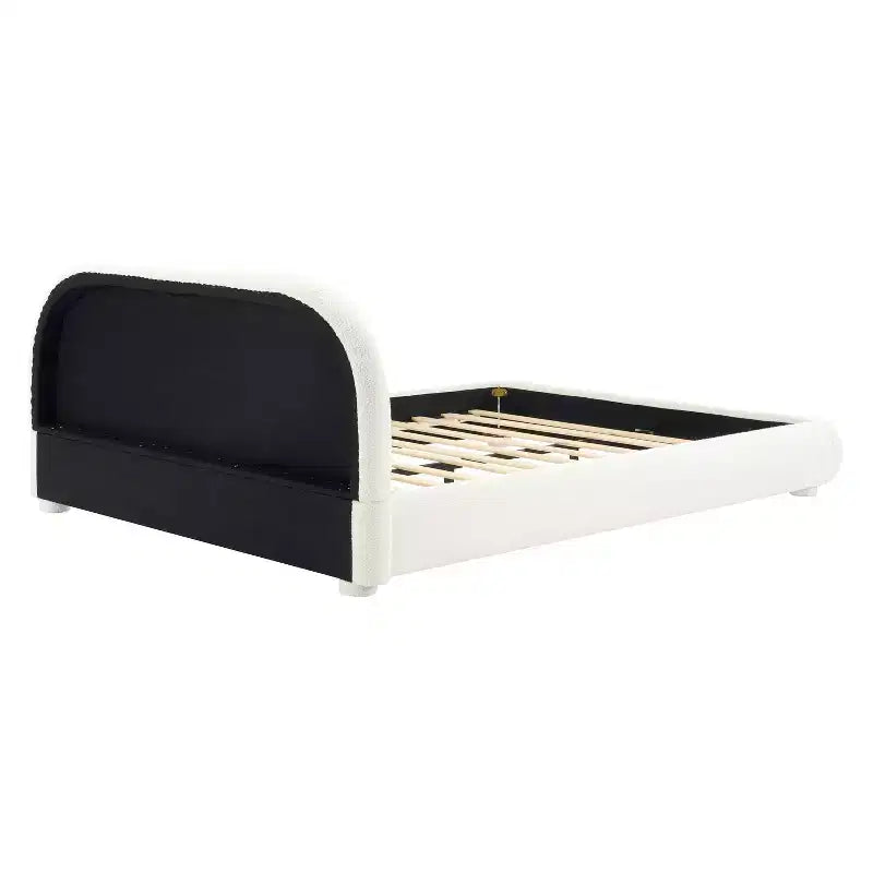Letto imbottito con testiera curva in bouclé color crema / velluto verde, Queen/King, 2 persone