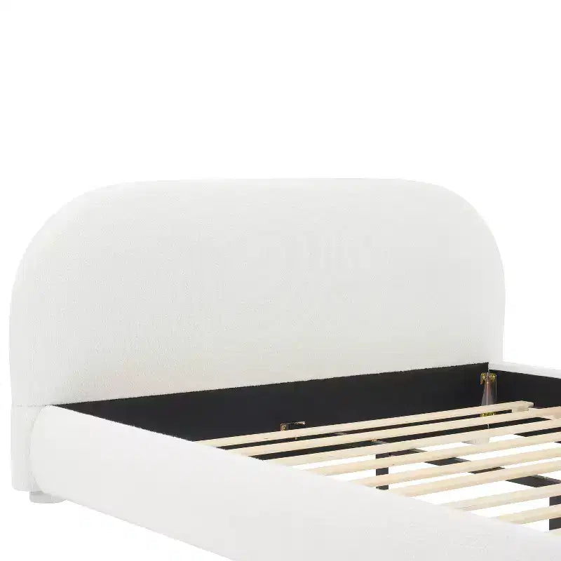 Letto imbottito con testiera curva in bouclé color crema / velluto verde, Queen/King, 2 persone