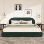 Letto imbottito con testiera curva in bouclé color crema / velluto verde, Queen/King, 2 persone