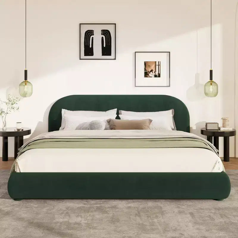 Letto imbottito con testiera curva in bouclé color crema / velluto verde, Queen/King, 2 persone
