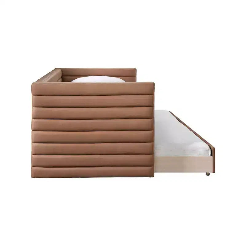 Daybed Gemello in Ecopelle Vegana Beige con Letto Estraibile, 2 Posti Letto