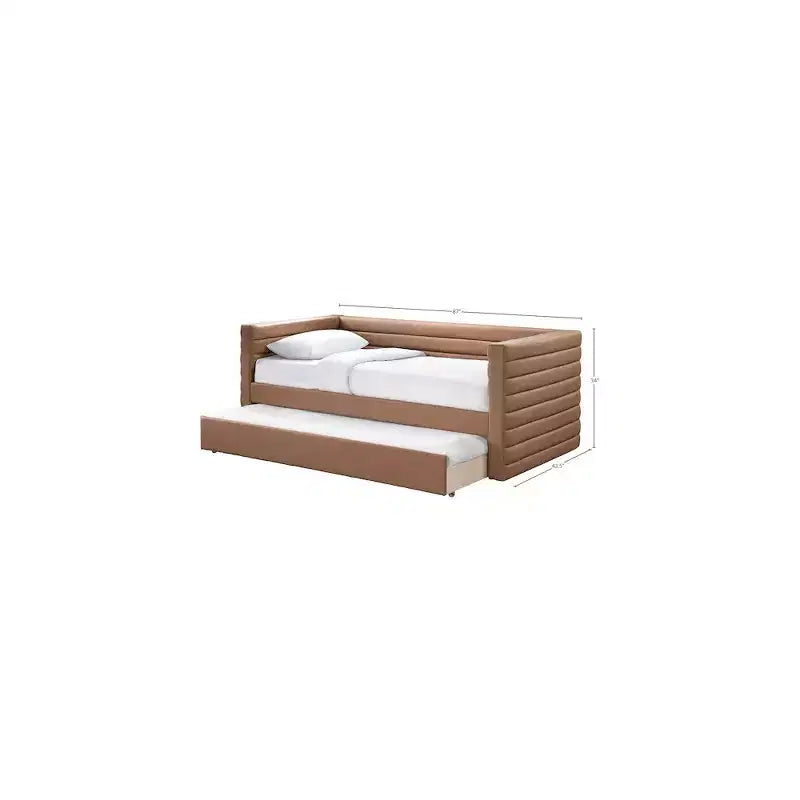 Daybed Gemello in Ecopelle Vegana Beige con Letto Estraibile, 2 Posti Letto