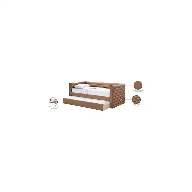 Daybed Gemello in Ecopelle Vegana Beige con Letto Estraibile, 2 Posti Letto