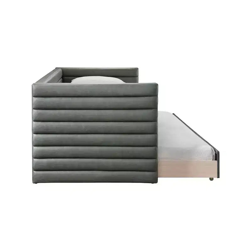 Daybed Gemello in Ecopelle Vegana Beige con Letto Estraibile, 2 Posti Letto