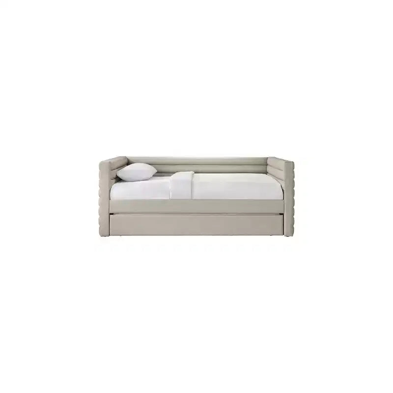 Daybed Gemello in Ecopelle Vegana Beige con Letto Estraibile, 2 Posti Letto